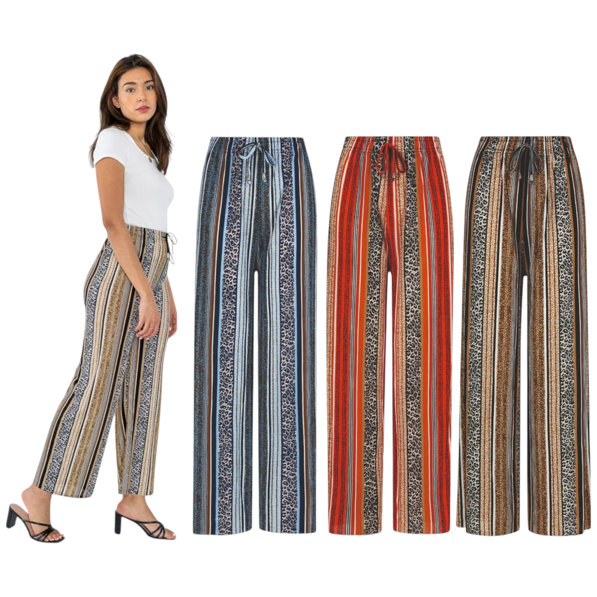 Women's wide leg palazzo trousers in striped and leopard print – lightweight high waist summer pants in Blue, Red & Brown